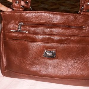 Brown Faux Leather Handbag, Medium Size, With Mult