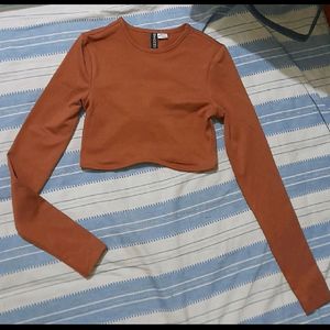 H&M Puff Sleeve Ribbed White+Rust Brown Crop Top