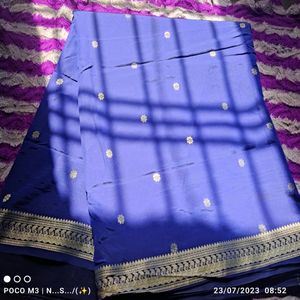 Beautiful Royal Blue Silk Sari With Golden Border