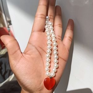 Handmade Pearl Red Heart Charm Necklace