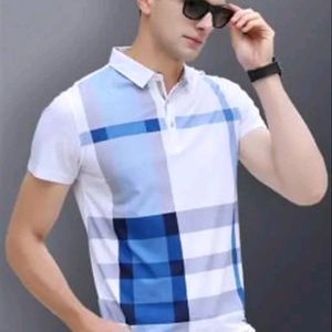 Men Checkered-Printed Polo Blue T-shirt