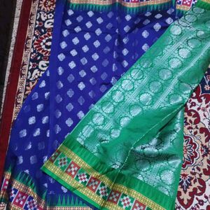 Purple Silk Sambalpuri Design Saree With Green Pallu And Attached Blouse Pc