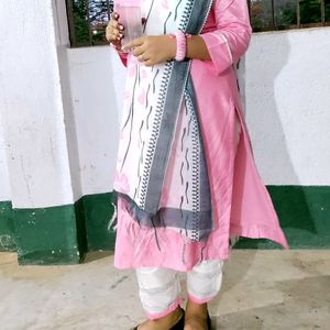 Muslin Silk White Pink Suit Pant With Dupatta