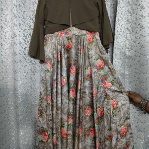 Floral Printed Gown With Brown Jacket