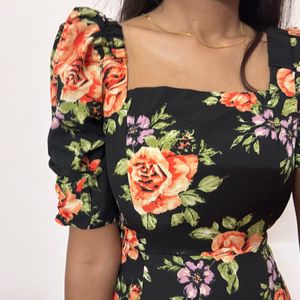 Black Floral Midi Dress Aesthetic New