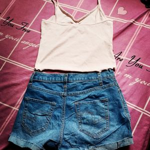 Light Blue Denim Shorts And Pink Tank Top