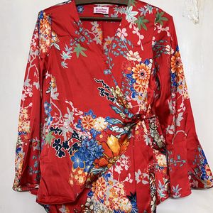 Red Floral Flared Sleeves Wrap Top