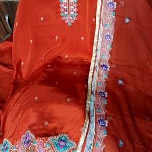 Silk geru Rust clr embroidery work with dupatta