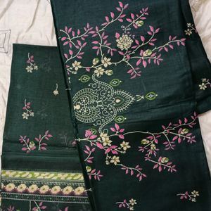 Bottle Green Print Cotton Pakistani Dress