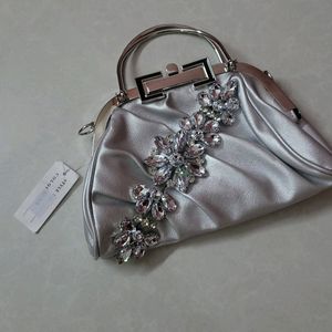 Beautiful Silver Clutch Cum Sling Bag