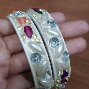 Off White Heavy Bangles With Crystal Work