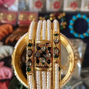 Kundan + Moti Bangles ( Pair Of Both Hand's)