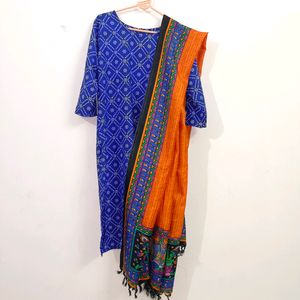 Blue Bandhani Kurta With Madhubani Duppatta