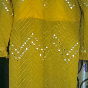 Mustard Yellow Mirror Work A Line Kurti