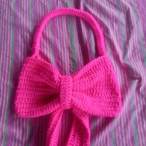 Hand Made Crochet Beautiful Bow Bag Bright Pink