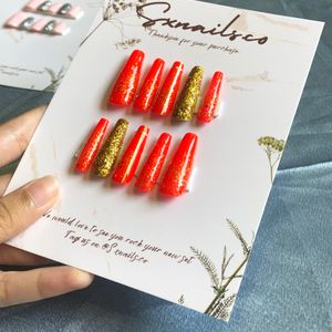 Reusable wedding long red and gold presson nail