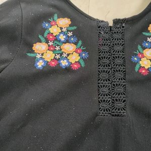 Black Top with Floral Stitch