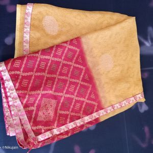 Mustard and red Colour Light work Saree