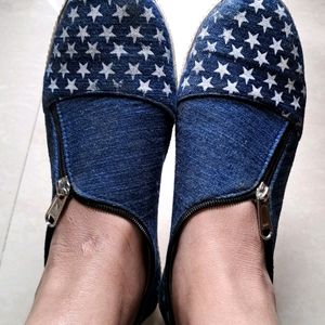 Denim Casual Shoes With Star Prints And Zip