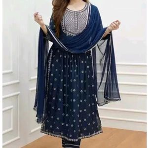 Blue Nyra Cut Embroidery Kurti Set