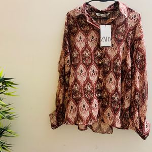 Zara Printed Shirt With Metallic Thread