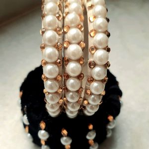 Black Velvet White Pearl Trending Bangles Set Of 5