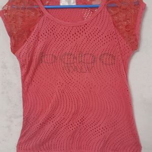 Net Sleeves Coral Colour Top