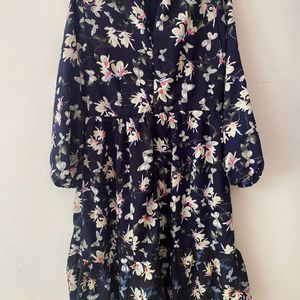 Women Navy Blue Printed Puff Sleeve Flare Dress