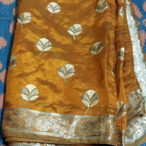 Orange Saree With Silver Design