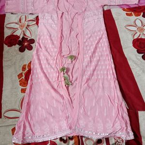 Pink Color Gotta Pati Printed Cotton Anarkali With Long Ethnic Jacket