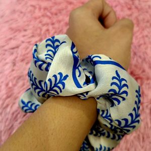 Blue And White Satin Scrunchie