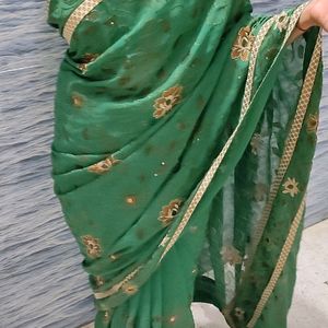 Embroidery Dark Green Zardozi Saree With Border