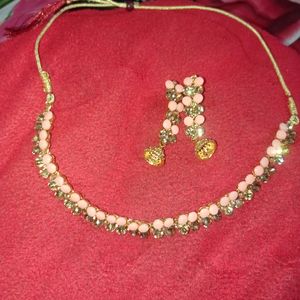 Peach And Golden Jewellery Set With Earring