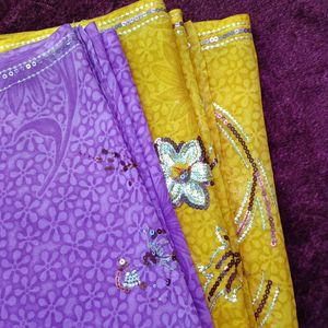 Yellow And Violet Georgette Saree