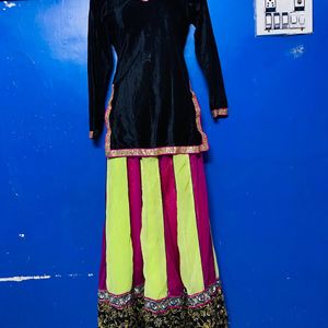 Designer Full Flare Skirt + Velvet Short Kurti