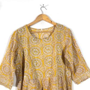 Mustard Yellow Printed Long Flared Kurta