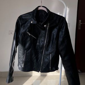 Black Solid Faux Leather Jacket