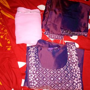 sPurple Mirror Work Kurti With Duppatta And Pants.