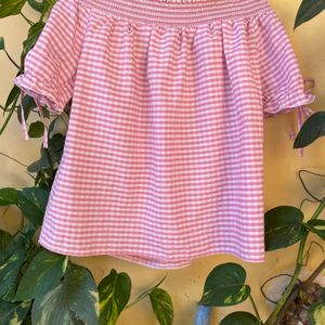 Pink Gingham Off Shoulder Top With Bow Detailing