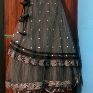 Grey & Black Mirror Work Double Layer Lehnga Choli