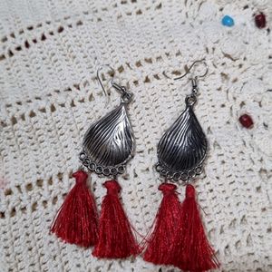 Oxidised Hanging Earings With Red Tassels