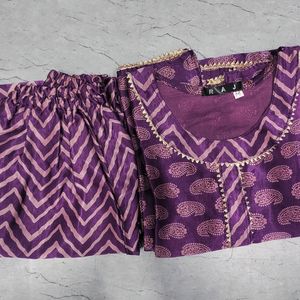 Women Purple Satin Silk Printed Kurta With Pant