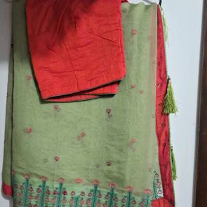 Organza Green Saree With Embroidery