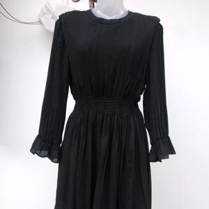 Black Pleaded Flared Mini Dress