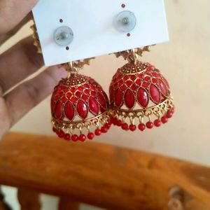 Beautiful Golden Jhumka With Red Diamonds