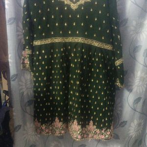 Green Frock With Multi Colour Design