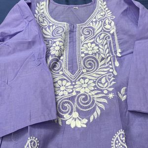 Cotton Lavender  Chikan Embroidery Work Kur