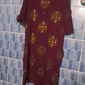 Wine Coloured Kurti With Artificial  Mirror And Ka