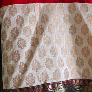 Beautiful Creamish Red Combination Net Fabric