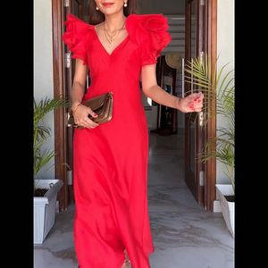 Forever New Red Rylie Ruffle Shoulder Midi Dress